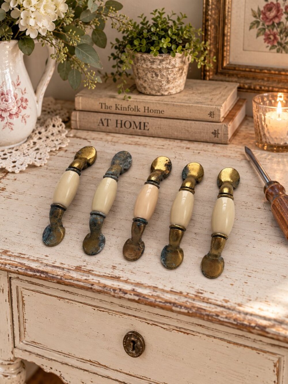 Vintage Distressed Brass & Ceramic Drawer Pulls 3” Centers Patina Verdigris Taiw